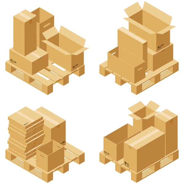 Kartonnen Dozen Houten Pallet Isometrische Set Geïsoleerd Een Witte Achtergrond — Stockvector