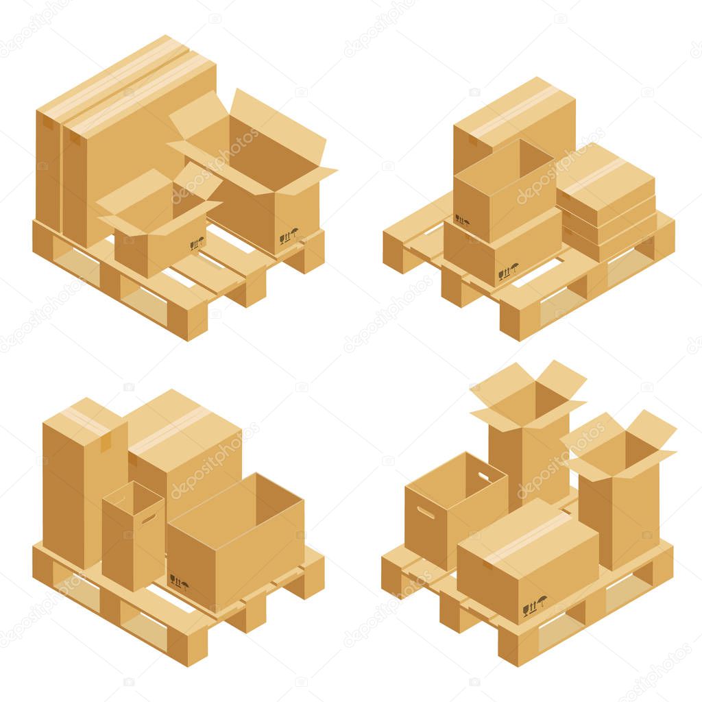Cardboard boxes and wood pallet isometric set isolated on white background. Vector carton packaging box images.