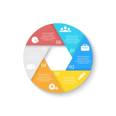 Daire diyagram, seçenekleri, web tasarım, grafik ve yuvarlak Infographic için şablon. 6 öğeleri, adım, seçeneği ile iş kavramı.