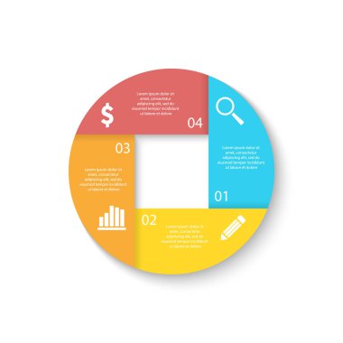 Daire diyagram, seçenekleri, web tasarım, grafik ve yuvarlak Infographic için şablon. 4 öğeleri, adım, seçeneği ile iş kavramı.