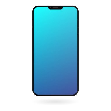 Beyaz zemin üzerine mavi degrade ekranlı akıllı telefon mockup. Siyah renk dijital gadget şablonu. Modern telefon. Vektör çizim.