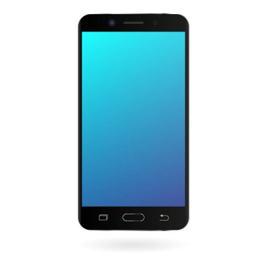 Beyaz zemin üzerine mavi degrade ekranlı akıllı telefon mockup. Siyah renk dijital gadget şablonu. Modern telefon. Vektör çizim.