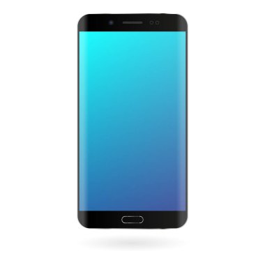 Beyaz zemin üzerine mavi degrade ekranlı akıllı telefon mockup. Siyah renk dijital gadget şablonu. Modern telefon. Vektör çizim.
