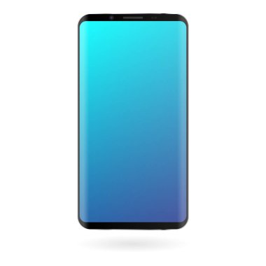 Beyaz zemin üzerine mavi degrade ekranlı akıllı telefon mockup. Siyah renk dijital gadget şablonu. Modern telefon. Vektör çizim.