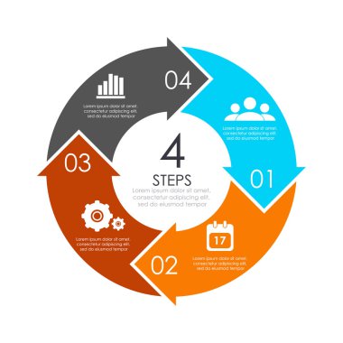 Döngü diyagramı, grafik, web tasarımı için oklu vektör dairesi bilgi şablonu. 4 aşamalı ya da seçenekli iş konsepti. Soyut arkaplan.
