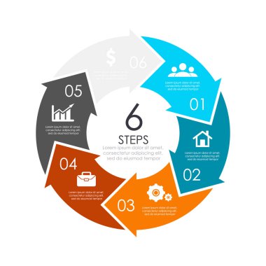 Döngü diyagramı, grafik, web tasarımı için oklu vektör dairesi bilgi şablonu. 6 aşamalı ya da seçenekli iş konsepti. Soyut arkaplan.