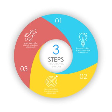 Sunumlar veya düzenler için 3 seçenek içeren vektör daire bilgi grafiği şablonu. İş kavramı yuvarlak diyagramı.