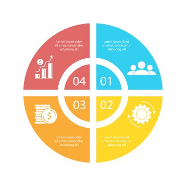 Sunum ya da grafikler için 4 seçenekli çember bilgi şablonu. İş konsepti diyagramı. Vektör illüstrasyonu.