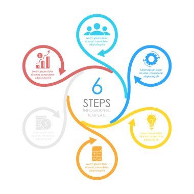 Döngü diyagramı, grafik, web tasarımı için oklu vektör dairesi bilgi şablonu. 6 adım veya seçeneği olan iş konsepti.