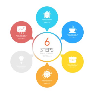 Döngü diyagramı, grafik, web tasarımı için oklu vektör dairesi bilgi şablonu. 6 adım veya seçeneği olan iş konsepti.