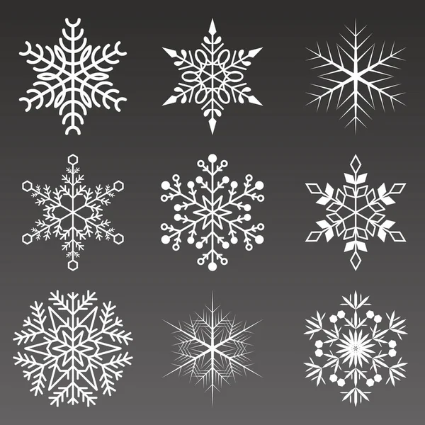Sněhové Vločky Sbírka Izolované Černém Pozadí Ploché Sněhové Ikony Silueta — Stockový vektor