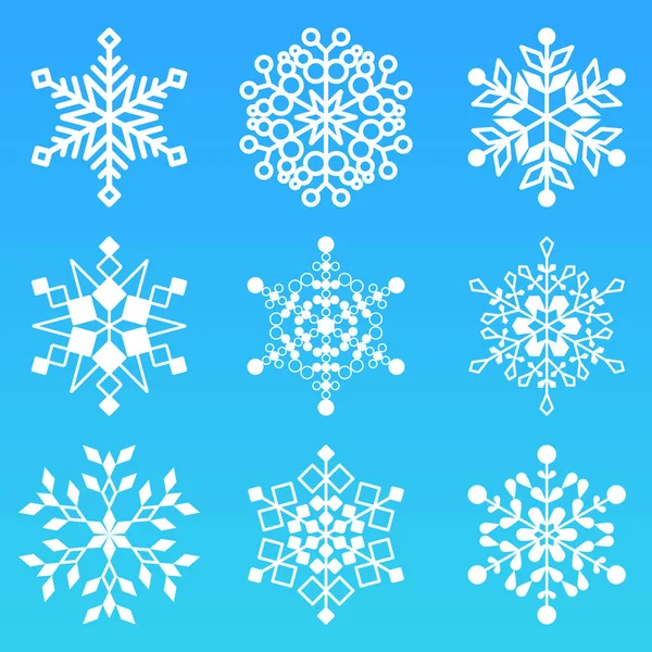 Sněhové Vločky Sbírka Izolované Modrém Pozadí Ploché Sněhové Ikony Silueta — Stockový vektor
