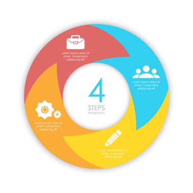 Döngü diyagramı, grafik, web tasarımı için oklu vektör dairesi bilgi şablonu. 4 aşamalı ya da seçenekli iş konsepti. Soyut arkaplan.