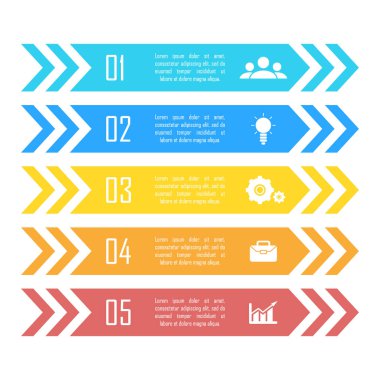 Oklu ve 5 basamaklı bilgi vektörü şablonu. İş konsepti için bilgi grafikleri düzen, sunumlar, pankart, diyagram veya grafik için kullanılabilir.