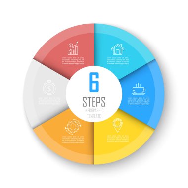 Çember bilgi grafikleri şablonu şema, sunum veya web tasarımı kullanılabilir. 6 seçenekli ya da basamaklı iş konsepti. Vektör bilgi dizaynı.