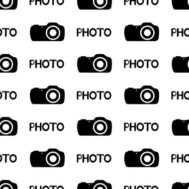 Siyah fotoğraf makineleri ve kelime Photo.Vector çizim ile Seamless Modeli