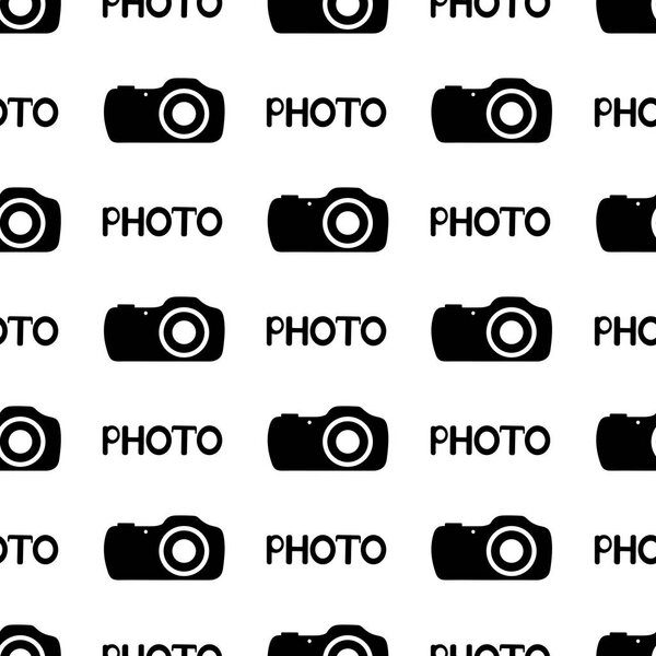 Бесшовный шаблон с черными камерами и словами Photo.Vector иллюстрации
