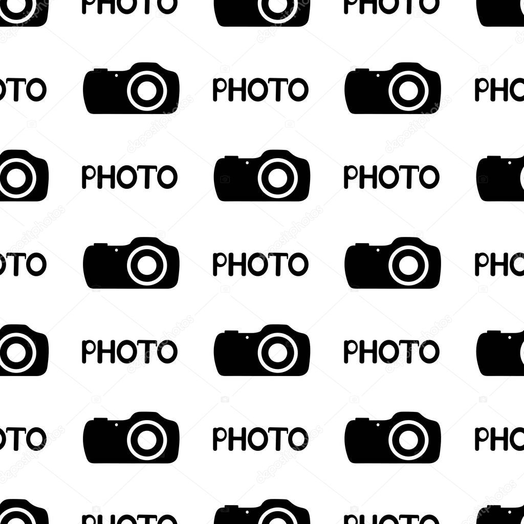 Seamless pattern with black cameras and words Photo.Vector illustration