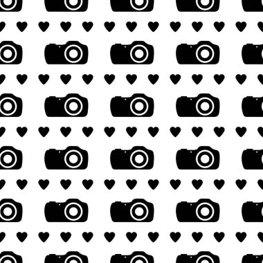 Siyah kameralar ve kalpleri ile Seamless modeli. Vektör çizim