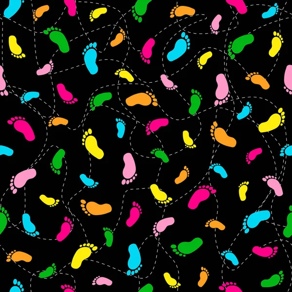 Siyah arka plan üzerinde renkli ayak izi ile Seamless modeli. Vektör çizim
