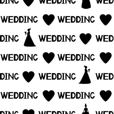 Gelin, siyah siluetleri ile Seamless modeli kupa ve düğün kelime. Vektör çizim