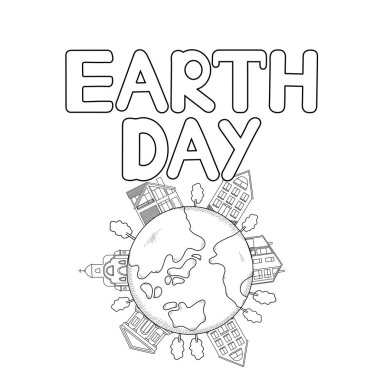 Dünya günü metin ve simgeleri Earth, evler, ağaçlar. Boyama sayfası. Vektör çizim