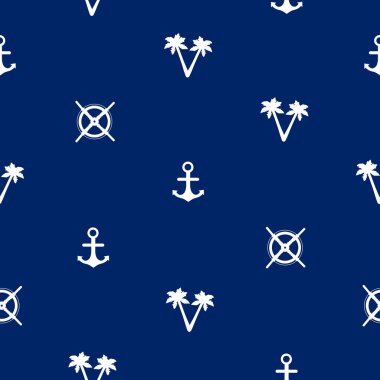 Dikişsiz desen beyaz çapa, palmiye ağaçları ve tekerlek üzerinde mavi arka plan ile. Vektör çizim