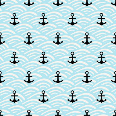 Dikişsiz desen siyah çapa ve mavi dalgalar arka plan ile. Vektör çizim. 