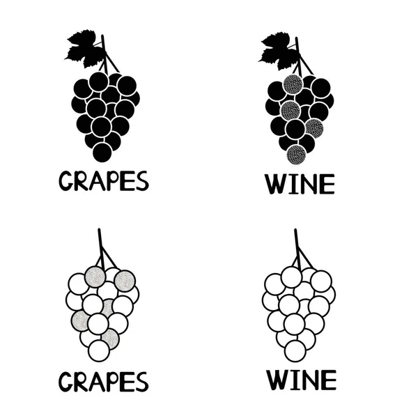 Creatieve Zwart Druiven Pictogrammen Handgeschreven Woorden Druiven Wijn Vectorillustratie — Stockvector