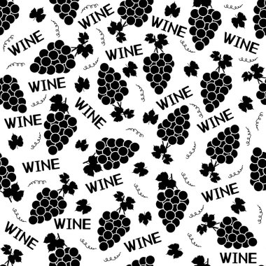 Siyah üzüm ile Seamless modeli yaprakları ve beyaz arka plan üzerinde şarap kelimeler. Vektör çizim