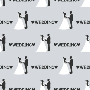 Gelin ve damat, siluetleri ile Seamless modeli kupa ve düğün kelime. Vektör çizim
