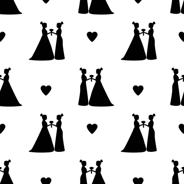 Naadloze Patroon Met Zwarte Silhouetten Van Bruiden Harten Homohuwelijk Vectorillustratie — Stockvector
