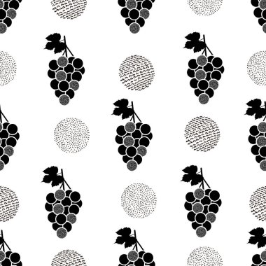 Siyah üzüm ve beyaz arka plan üzerinde daireler ile Seamless modeli. Vektör çizim