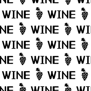 Siyah üzüm ile Seamless modeli yaprakları ve beyaz arka plan üzerinde şarap kelimeler. Vektör çizim