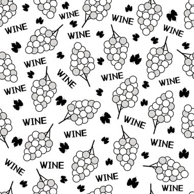 Siyah üzüm ile Seamless modeli yaprakları ve beyaz arka plan üzerinde şarap kelimeler. Vektör çizim