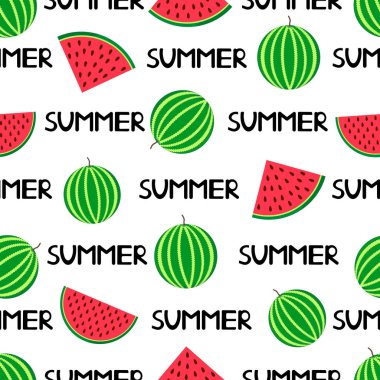 Seamless modeli ile renkli karpuz ve kelime yaz. Vektör çizim