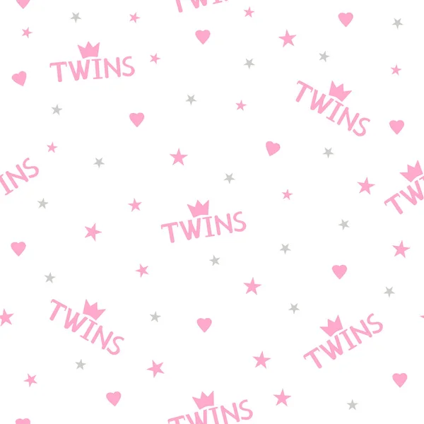 Seamless Pattern Pink Words Twins Crowns Hearts Stars Vector Illustration — Stock Vector