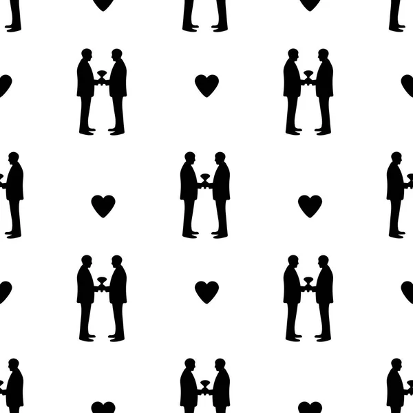 与新郎和心脏的黑色剪影无缝模式 同性婚姻 矢量插图 — 图库矢量图片
