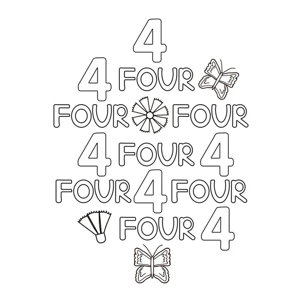 Число Слово Чотири Метелик Квіти Розмальовка Сторінка Векторні Ілюстрації — стоковий вектор