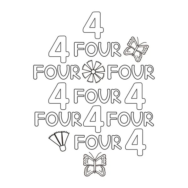 Numeral Palabra Cuatro Mariposa Flores Página Para Colorear Ilustración Vectorial — Archivo Imágenes Vectoriales