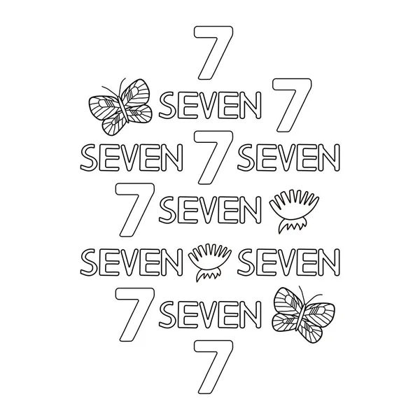 Numeral Word Seven Butterfly Flowers Coloring Page Vector Illustration — Stock Vector