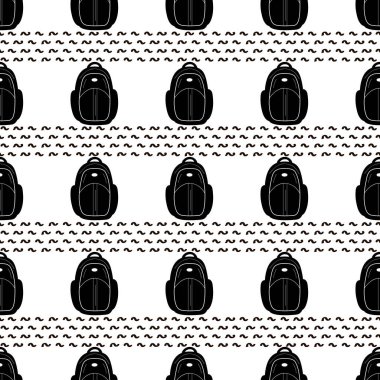 Beyaz arka planda siyah sırt çantaları ile Seamless modeli. Vektör çizim