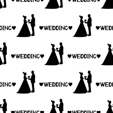 Gelin ve damat, kalpler ve beyaz arka plan üzerinde düğün kelime siyah siluetleri ile Seamless modeli. Vektör çizim