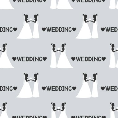 Gelinler siluetleri ile Seamless modeli ve düğün kelime. Eşcinsel evlilik. Vektör çizim