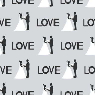 Gelin ve damat ve kelimelerin siluetleri ile Seamless modeli beyaz arka plan üzerinde seviyorum. Vektör çizim