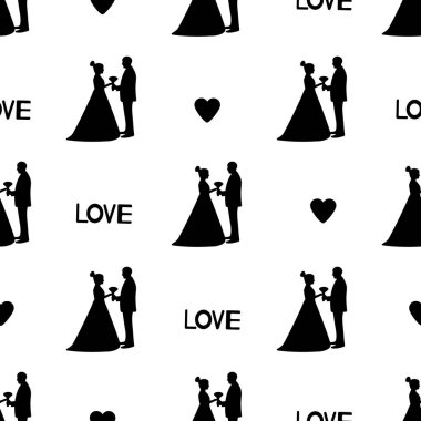 Gelin ve damat, kalpleri ve kelime siluetleri ile Seamless modeli beyaz arka plan üzerinde seviyorum. Vektör çizim