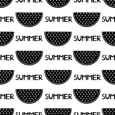 Beyaz arka planda siyah karpuz dilimleri ve kelimeler yaz ile Seamless modeli. Vektör çizim