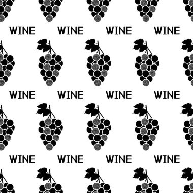 Siyah üzüm ve beyaz arka plan üzerinde kelime şarap ile Seamless modeli. Vektör çizim