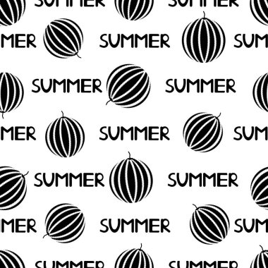 Dikişsiz desen siyah karpuz ve kelimeler yaz beyaz arka plan üzerinde. Vektör çizim