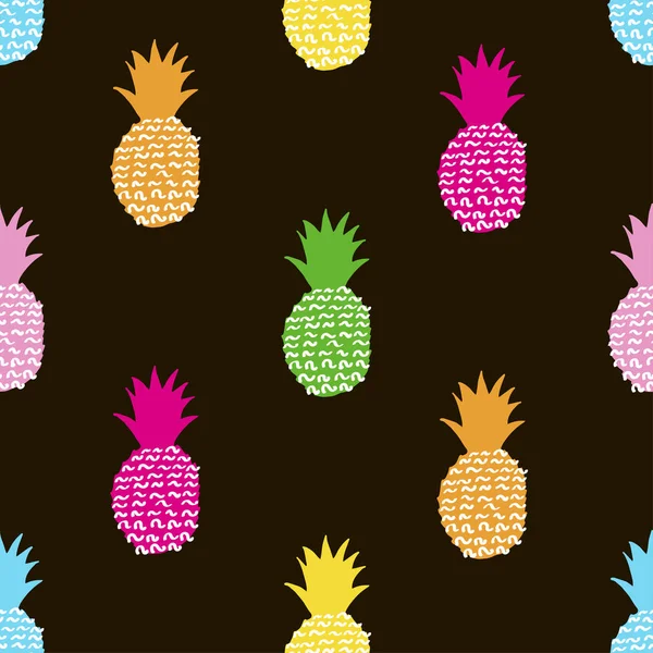 Wzór Creative Kolorowe Ananasy Czarnym Tle Ilustracja Wektorowa — Wektor stockowy